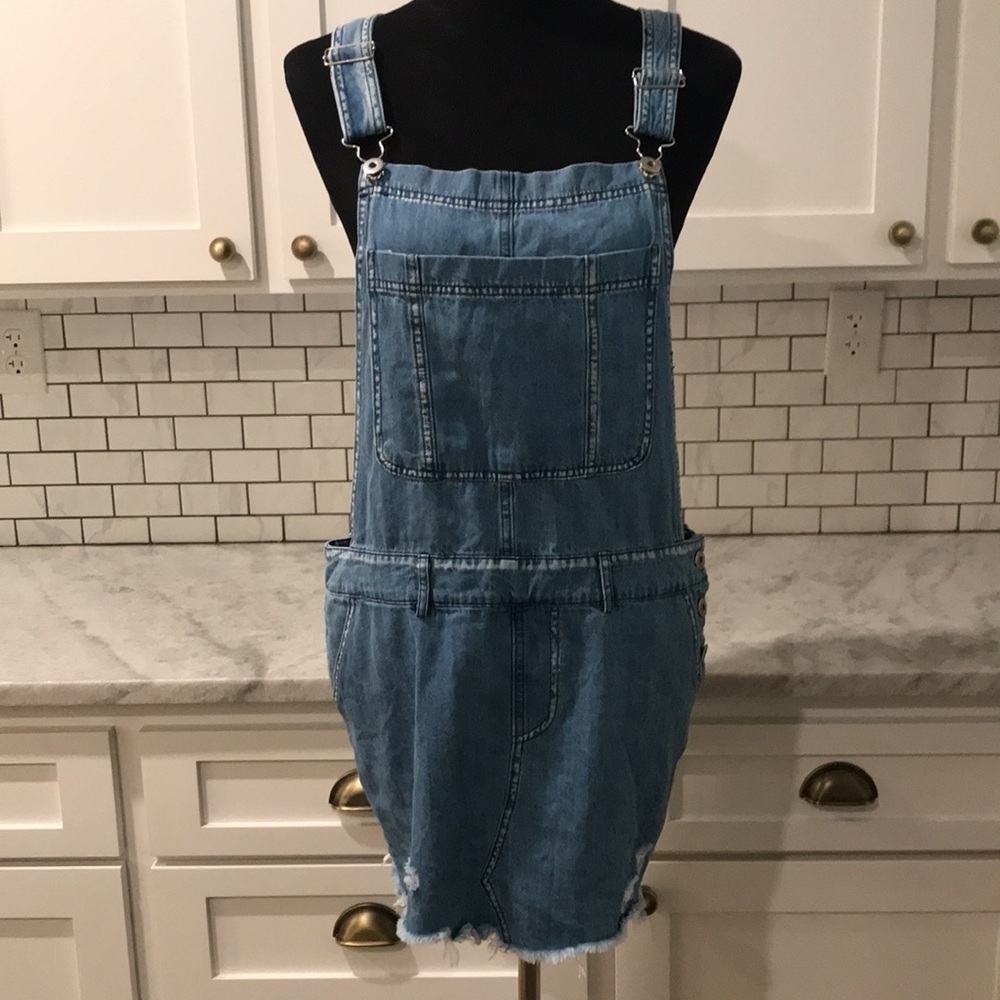 Mazik Overall Dress Womens Small Blue Jean Denim Raw Hem Pockets Y2K Boho Grunge